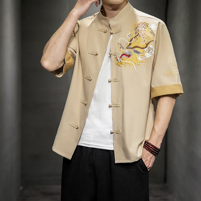 Buddha Stones Frog-Button Chinese Dragon Auspicious Cloud Embroidery Half Sleeve Shirt Cotton Linen Men Clothing - image 31