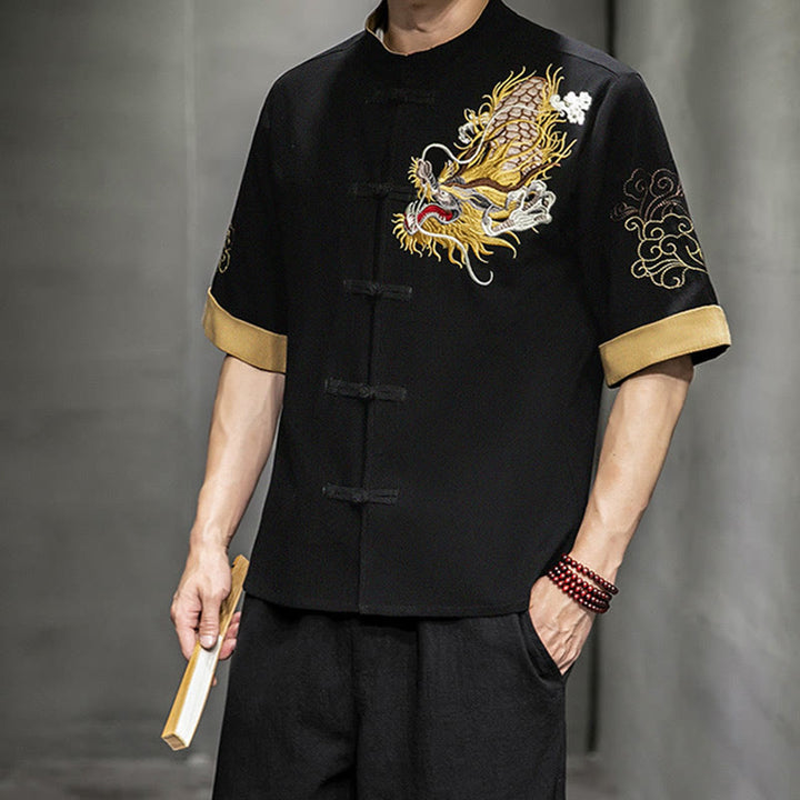 Buddha Stones Frog-Button Chinese Dragon Auspicious Cloud Embroidery Half Sleeve Shirt Cotton Linen Men Clothing - image 6