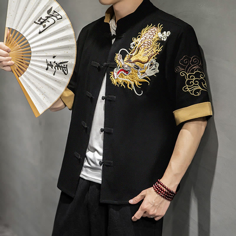 Buddha Stones Frog-Button Chinese Dragon Auspicious Cloud Embroidery Half Sleeve Shirt Cotton Linen Men Clothing - image 1