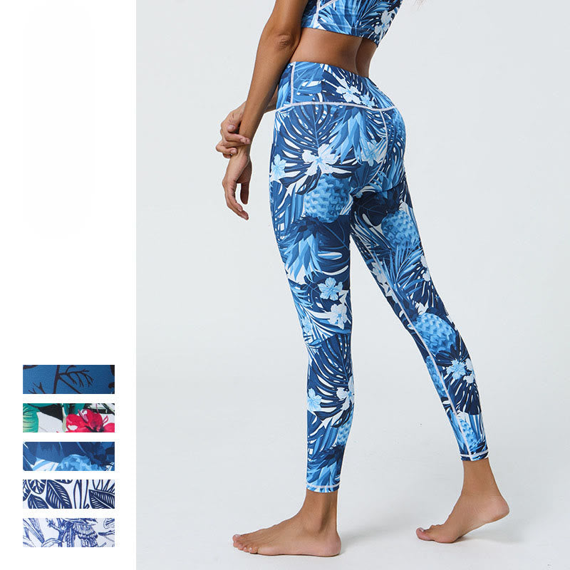 Buddha Stones Flowers Leaves Dandelions Pineapples Print Sports Fitness High Waist Leggings Women's Yoga Pants