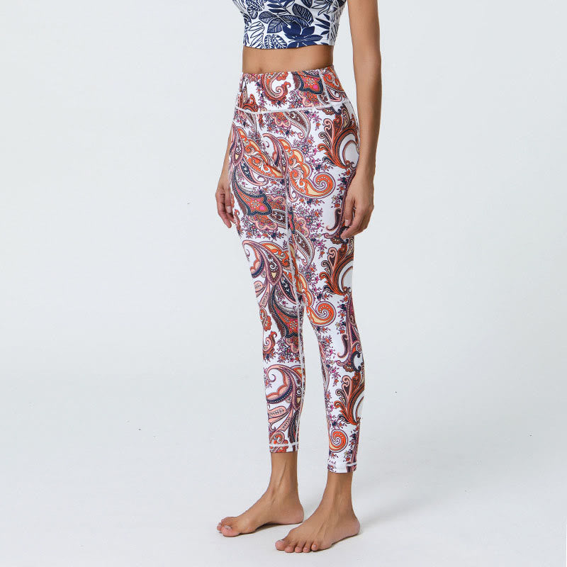 Buddha Stones Flowers Feathers Sun Moon Print Sports Fitness Yoga High Waist Leggings Women's Pants - White Red Pattern - US12，UK/AU16，EU44 (XL) - image 17