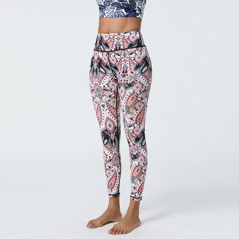 Buddha Stones Flowers Feathers Sun Moon Print Sports Fitness Yoga High Waist Leggings Women's Pants - White Light Pink Pattern - US12，UK/AU16，EU44 (XL) - image 23