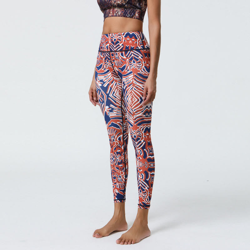 Buddha Stones Flowers Feathers Sun Moon Print Sports Fitness Yoga High Waist Leggings Women's Pants - Red Dark Blue Pattern - US12，UK/AU16，EU44 (XL) - image 28