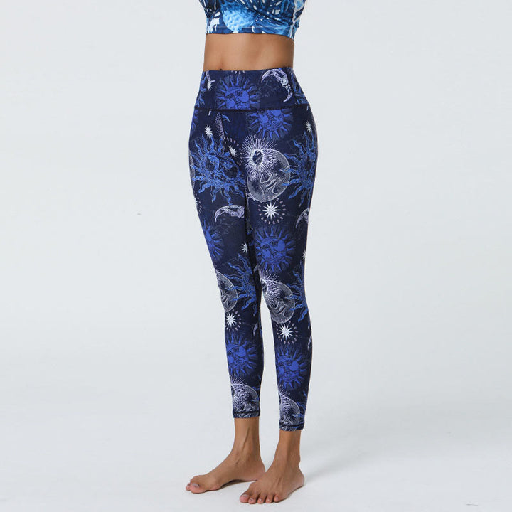 Buddha Stones Flowers Feathers Sun Moon Print Sports Fitness Yoga High Waist Leggings Women's Pants - Dark Blue Sun White Moon - US12，UK/AU16，EU44 (XL) - image 11