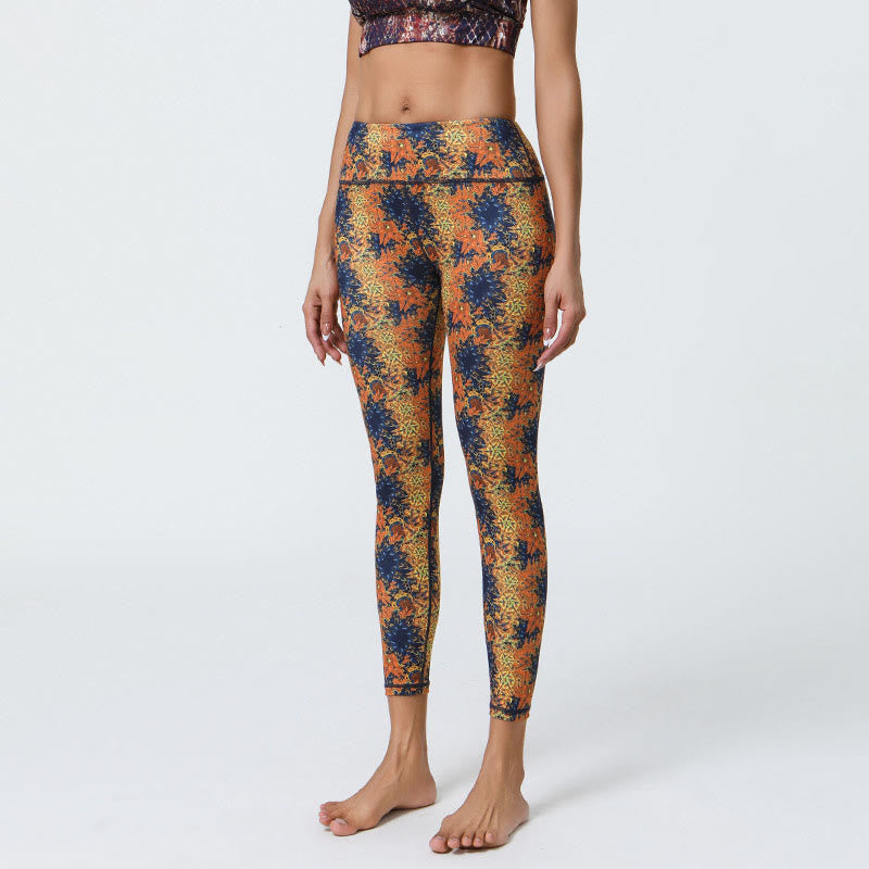 Buddha Stones Flowers Geometric Mandalas Print Sports Fitness Yoga High Waist Leggings Women's Pants - Yellow Blue Flowers - US12，UK/AU16，EU44 (XL) - image 1