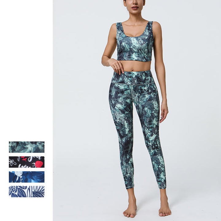 Buddha Stones 2Pcs Pineapple Grass Leaves Print Sports Fitness Crop Tank Bra High Waist Leggings Yoga Pants