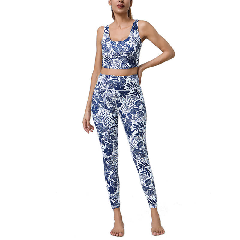 Buddha Stones 2Pcs Pineapple Grass Leaves Print Sports Fitness Crop Tank Bra High Waist Leggings Yoga Pants