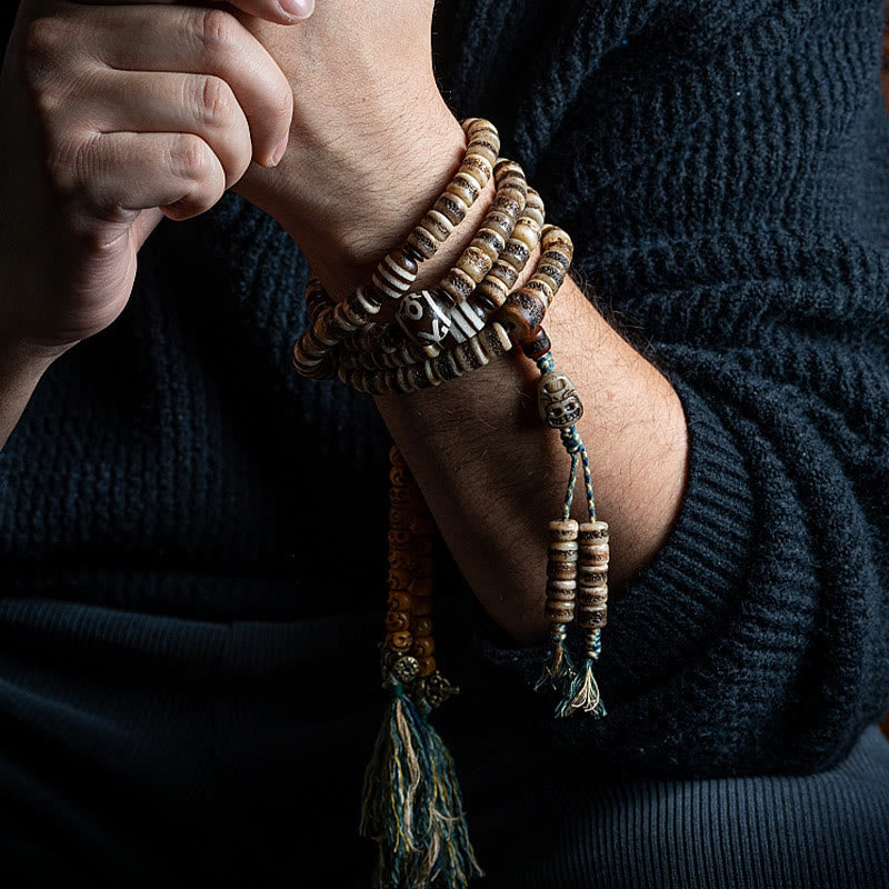 Buddha Stones Tibetan 108 Mala Beads Yak Bone Dzi Bead The Lord of the Corpse Forest Strength Bracelet