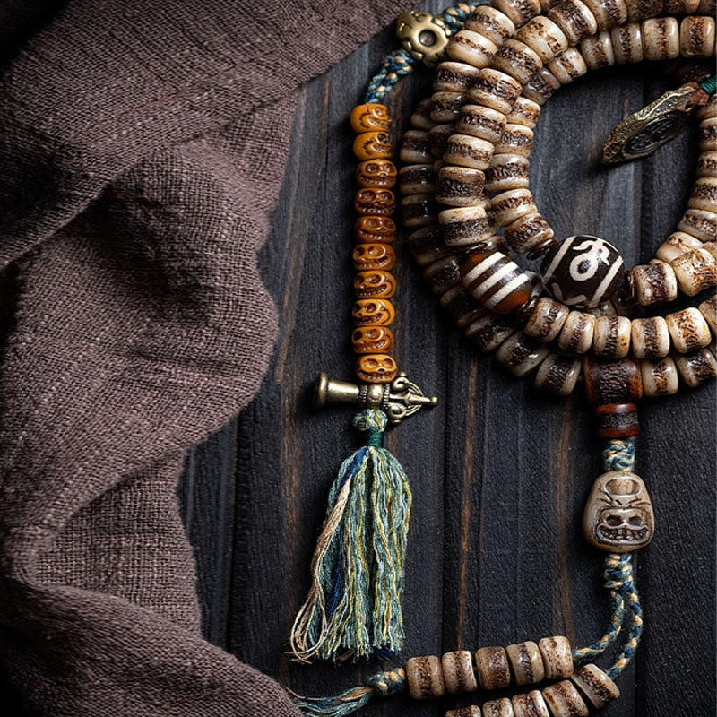 Buddha Stones Tibetan 108 Mala Beads Yak Bone Dzi Bead The Lord of the Corpse Forest Strength Bracelet