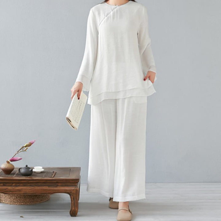 Buddha Stones 2Pcs Three Quarter Sleeve Long Sleeve Shirt Wide Leg Pants Meditation Cotton Linen Clothing Women's Set - White - Long Sleeve - US8-10，UK/AU12-14，EU40-42 (3XL) - image 0