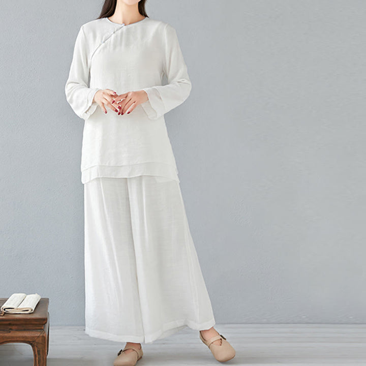 Buddha Stones 2Pcs Three Quarter Sleeve Long Sleeve Shirt Wide Leg Pants Meditation Cotton Linen Clothing Women's Set - image 1