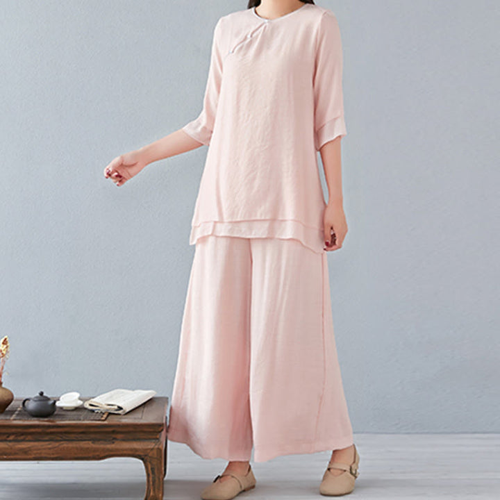 Buddha Stones 2Pcs Three Quarter Sleeve Long Sleeve Shirt Wide Leg Pants Meditation Cotton Linen Clothing Women's Set