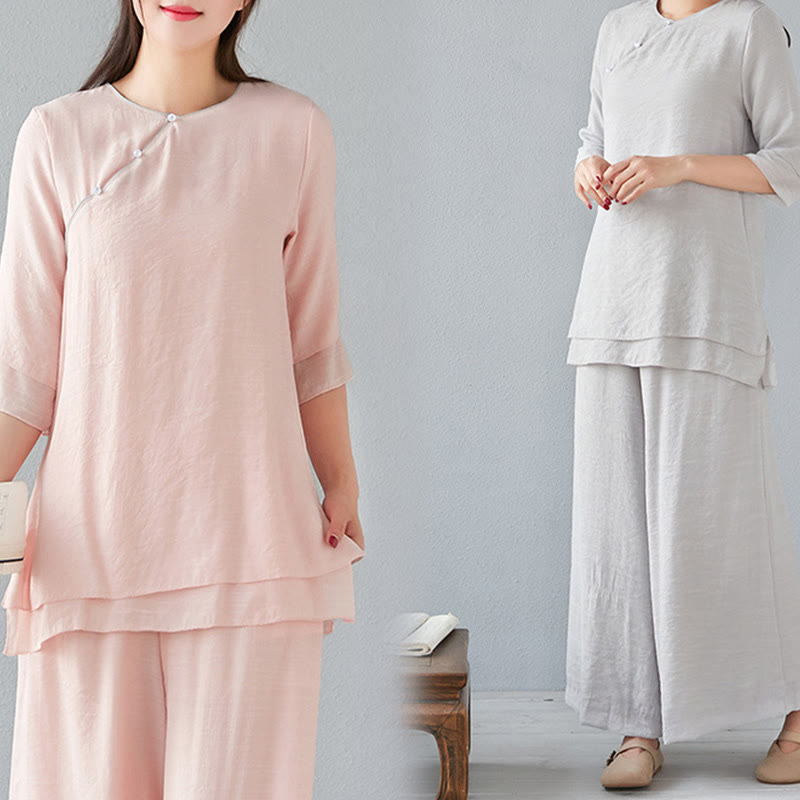 Buddha Stones 2Pcs Three Quarter Sleeve Long Sleeve Shirt Wide Leg Pants Meditation Cotton Linen Clothing Women's Set - image 29