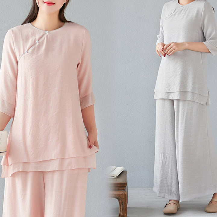 Buddha Stones 2Pcs Three Quarter Sleeve Long Sleeve Shirt Wide Leg Pants Meditation Cotton Linen Clothing Women's Set - image 29
