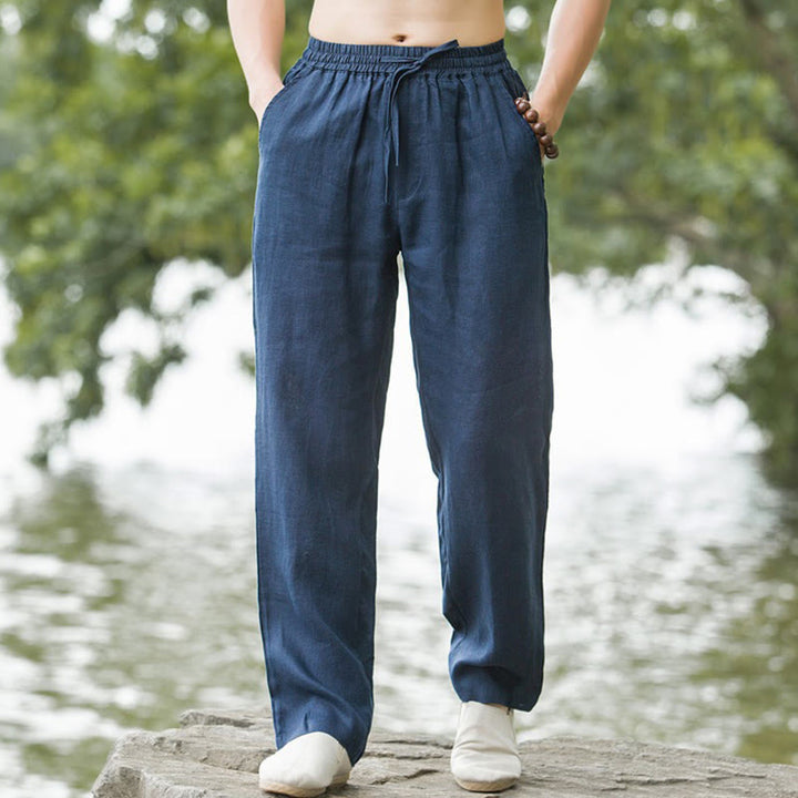 Buddha Stones Solid Color Cotton Linen Men's Wide Leg Pants With Pockets - SteelBlue - US/UK/AU50，EU60 (5XL) - image 5