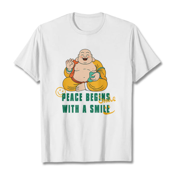 Buddha Stones Peace Begins With A Smile Tee T-shirt - White - 2XL - image 4