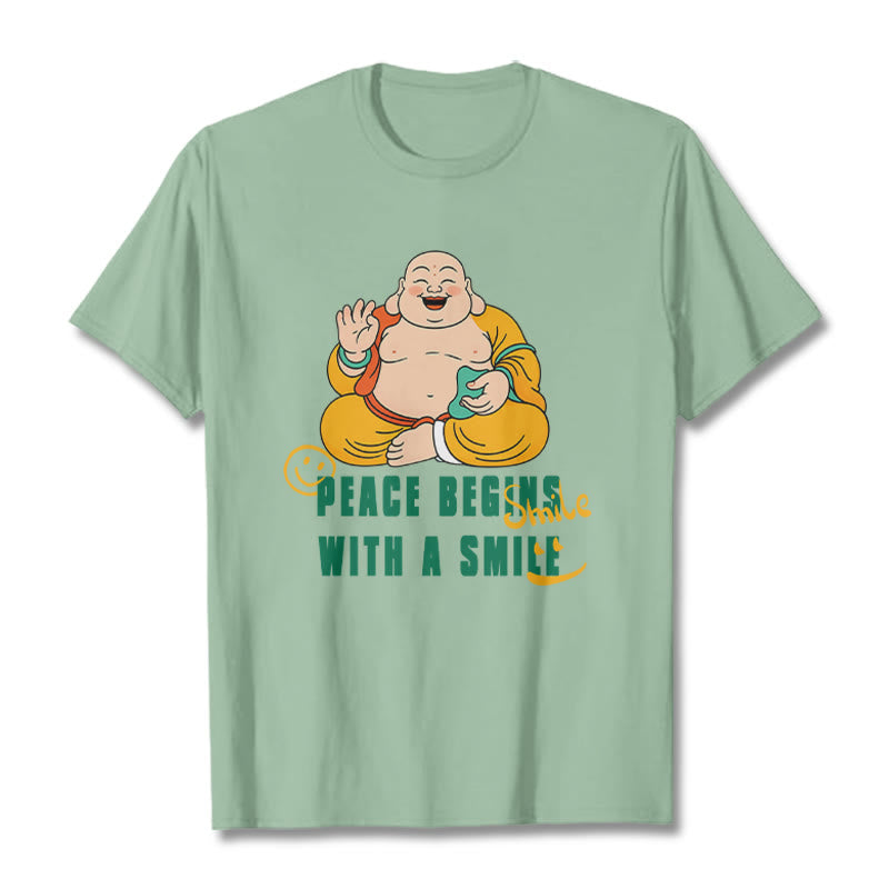 Buddha Stones Peace Begins With A Smile Tee T-shirt - PaleGreen - 2XL - image 1