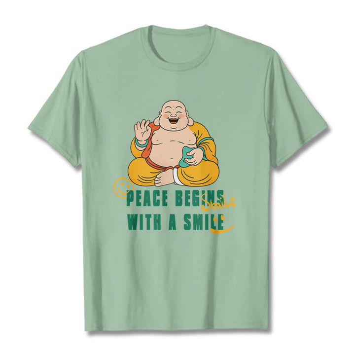 Buddha Stones Peace Begins With A Smile Tee T-shirt - PaleGreen - 2XL - image 1