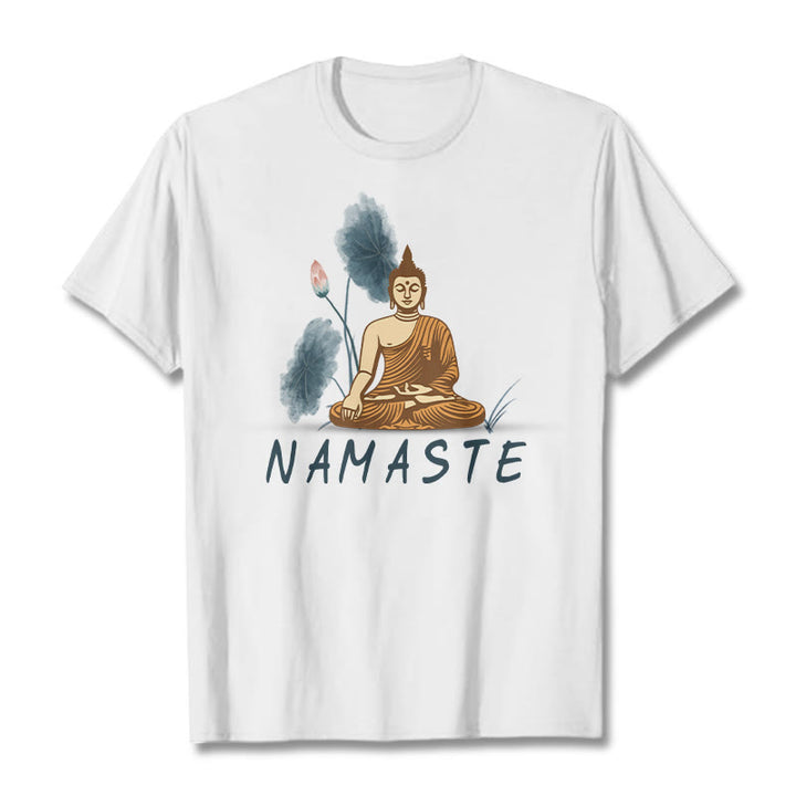 Buddha Stones NAMASTE Buddha Lotus Leaf Tee T-shirt - White - Thin Font NAMASTE - 2XL - image 22