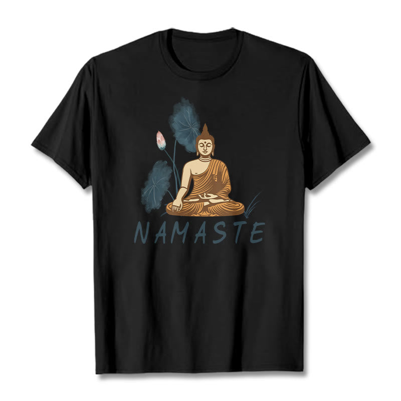 Buddha Stones NAMASTE Buddha Lotus Leaf Tee T-shirt - Black - Thin Font NAMASTE - 2XL - image 25