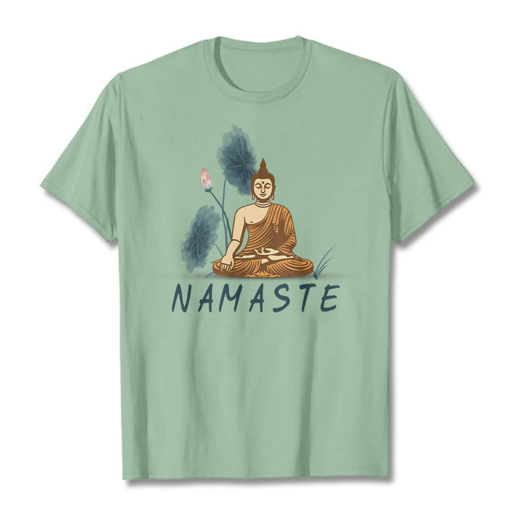 Buddha Stones NAMASTE Buddha Lotus Leaf Tee T-shirt - PaleGreen - Thin Font NAMASTE - 2XL - image 33