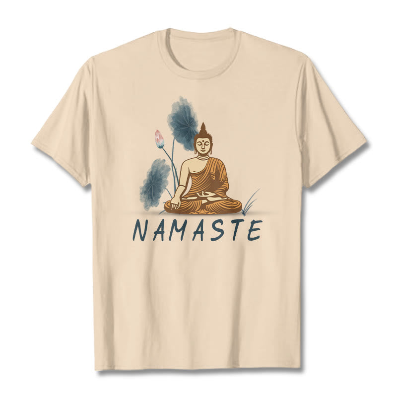 Buddha Stones NAMASTE Buddha Lotus Leaf Tee T-shirt - Bisque - Thin Font NAMASTE - 2XL - image 20