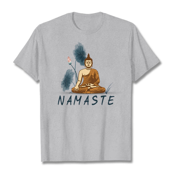 Buddha Stones NAMASTE Buddha Lotus Leaf Tee T-shirt - LightGrey - Thin Font NAMASTE - 2XL - image 38