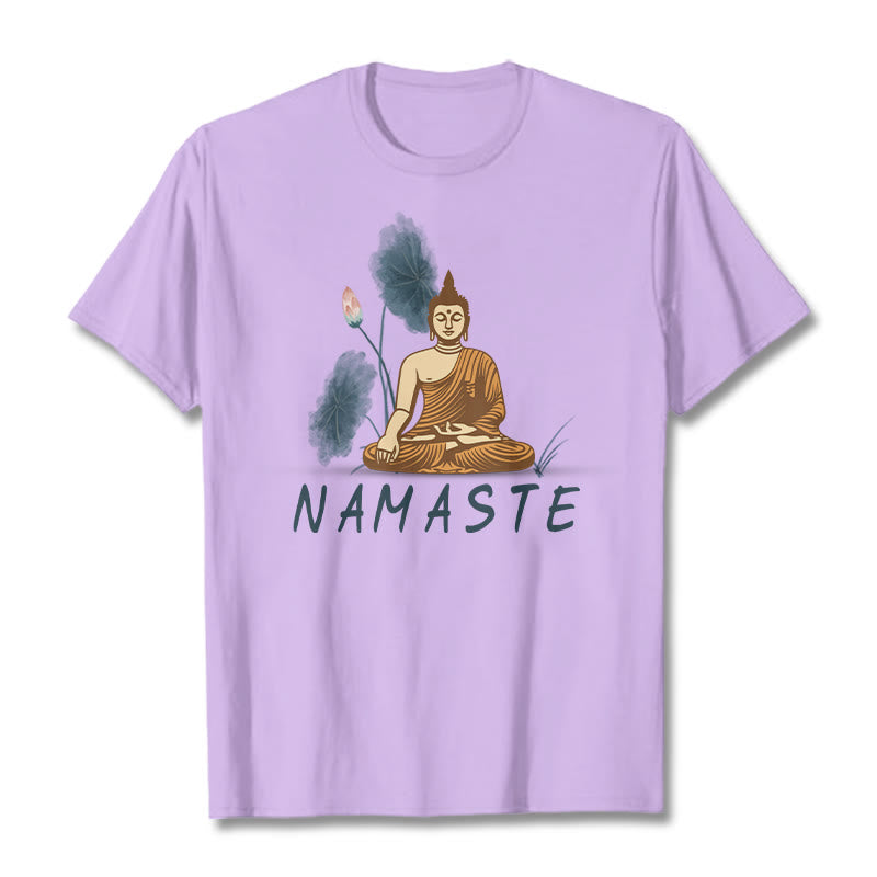 Buddha Stones NAMASTE Buddha Lotus Leaf Tee T-shirt - Plum - Thin Font NAMASTE - 2XL - image 35
