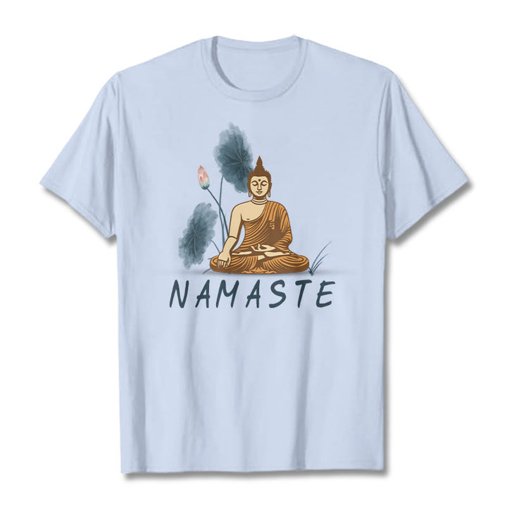 Buddha Stones NAMASTE Buddha Lotus Leaf Tee T-shirt - LightCyan - Thin Font NAMASTE - 2XL - image 37