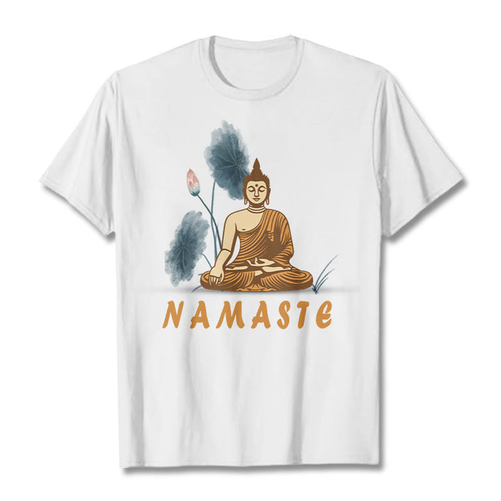 Buddha Stones NAMASTE Buddha Lotus Leaf Tee T-shirt - White - Bold Font NAMASTE - 2XL - image 3
