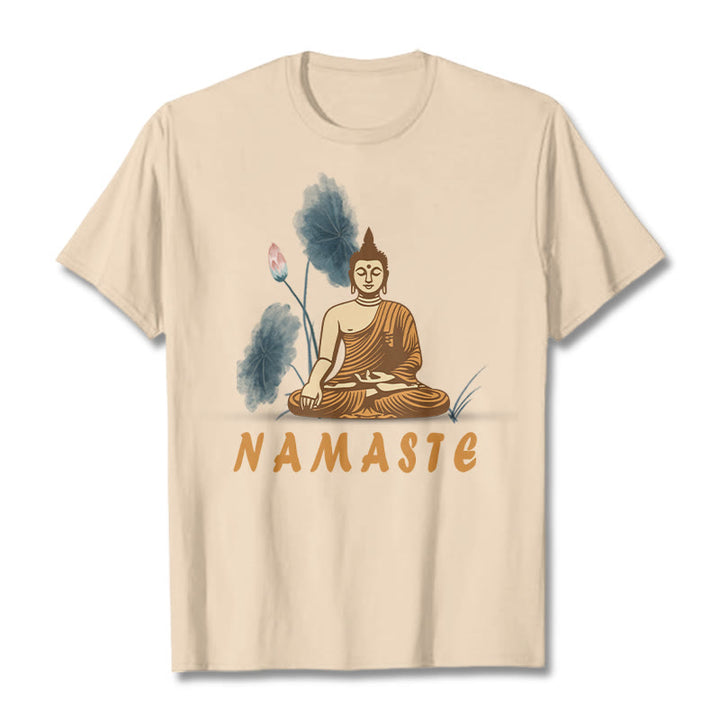 Buddha Stones NAMASTE Buddha Lotus Leaf Tee T-shirt - Bisque - Bold Font NAMASTE - 2XL - image 1