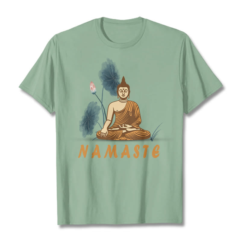 Buddha Stones NAMASTE Buddha Lotus Leaf Tee T-shirt - PaleGreen - Bold Font NAMASTE - 2XL - image 14