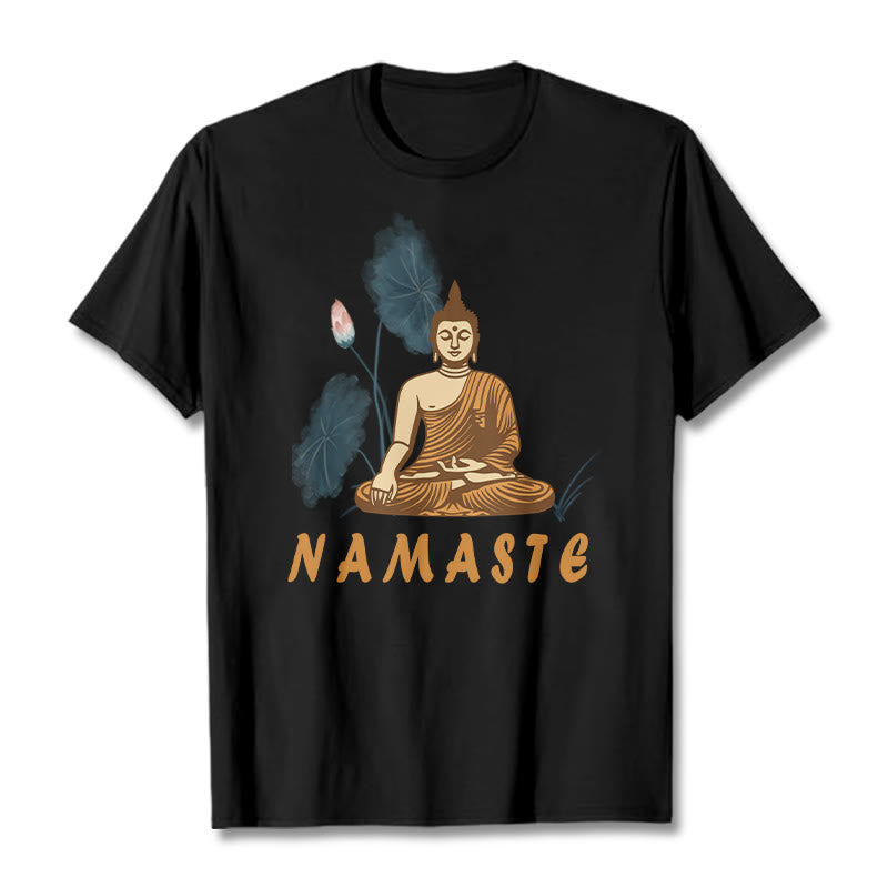 Buddha Stones NAMASTE Buddha Lotus Leaf Tee T-shirt - Black - Bold Font NAMASTE - 2XL - image 6