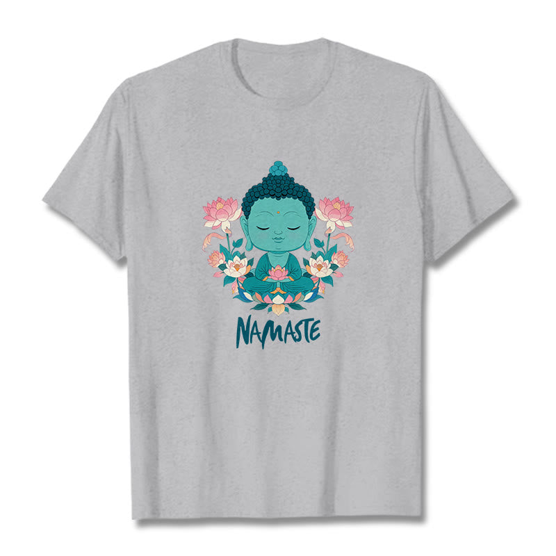 Buddha Stones NAMASTE Buddha Lotus Meditation Tee T-shirt - LightGrey - Green NAMASTE - 2XL - image 19