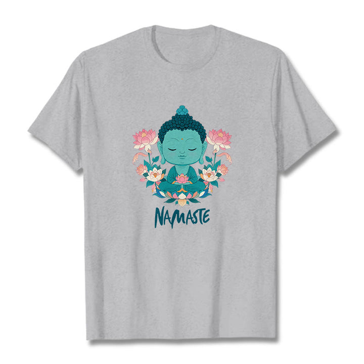 Buddha Stones NAMASTE Buddha Lotus Meditation Tee T-shirt - LightGrey - Green NAMASTE - 2XL - image 19