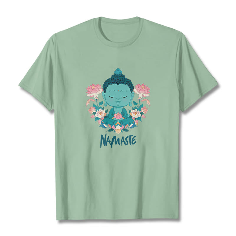 Buddha Stones NAMASTE Buddha Lotus Meditation Tee T-shirt - PaleGreen - Green NAMASTE - 2XL - image 14