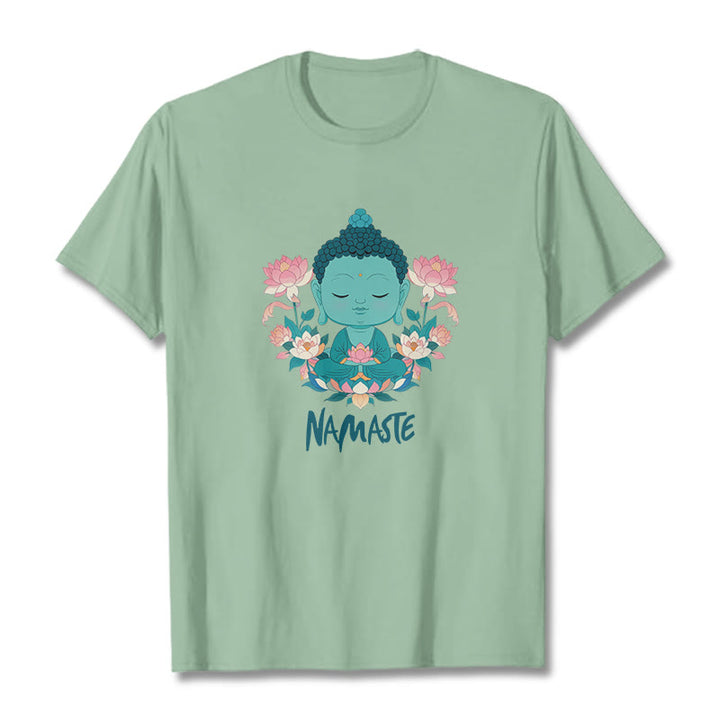 Buddha Stones NAMASTE Buddha Lotus Meditation Tee T-shirt - PaleGreen - Green NAMASTE - 2XL - image 14