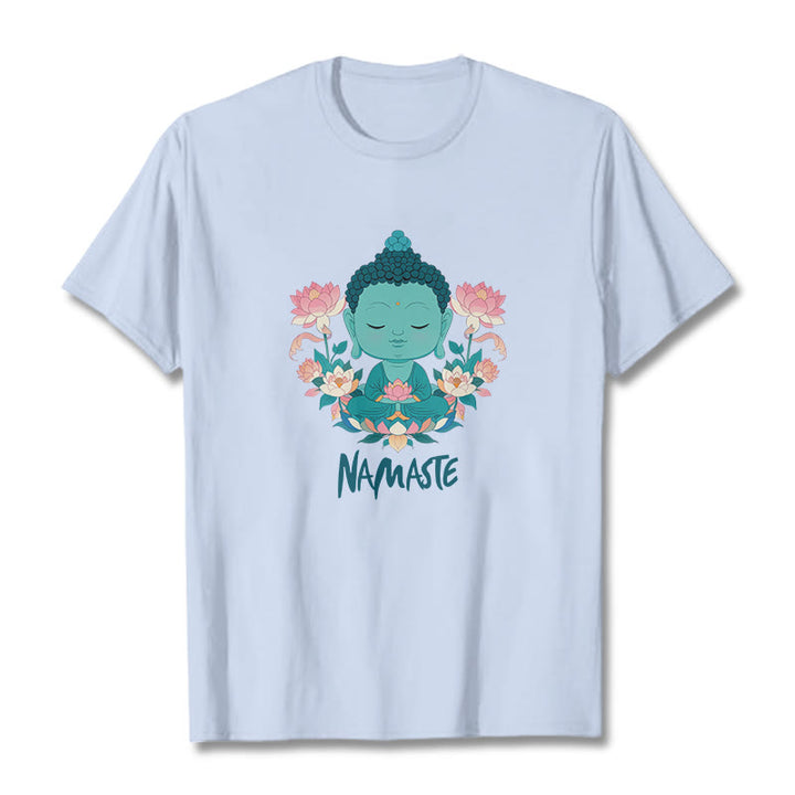 Buddha Stones NAMASTE Buddha Lotus Meditation Tee T-shirt - LightCyan - Green NAMASTE - 2XL - image 18