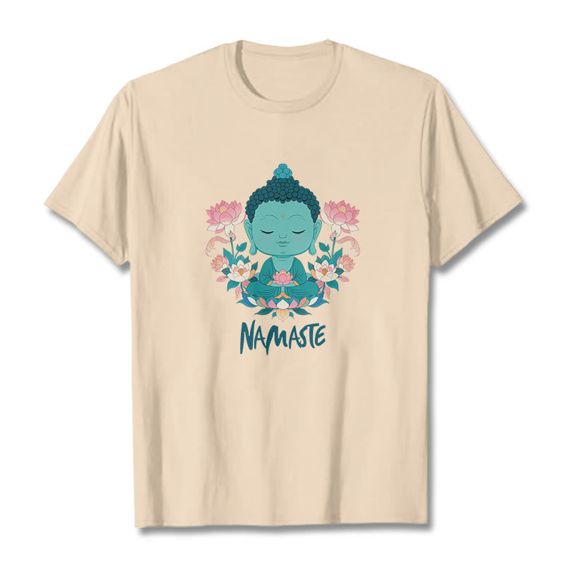 Buddha Stones NAMASTE Buddha Lotus Meditation Tee T-shirt - Bisque - Green NAMASTE - 2XL - image 10