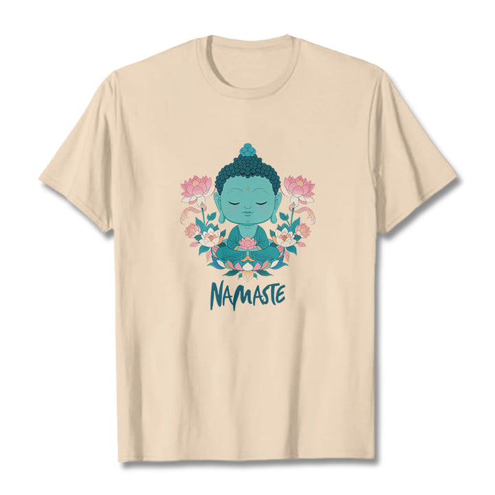 Buddha Stones NAMASTE Buddha Lotus Meditation Tee T-shirt - Bisque - Green NAMASTE - 2XL - image 10