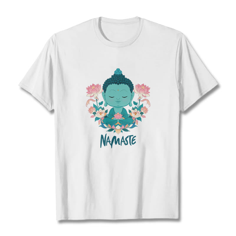 Buddha Stones NAMASTE Buddha Lotus Meditation Tee T-shirt - White - Green NAMASTE - 2XL - image 3