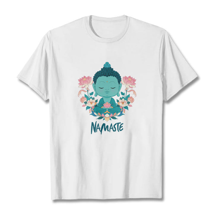 Buddha Stones NAMASTE Buddha Lotus Meditation Tee T-shirt - White - Green NAMASTE - 2XL - image 3