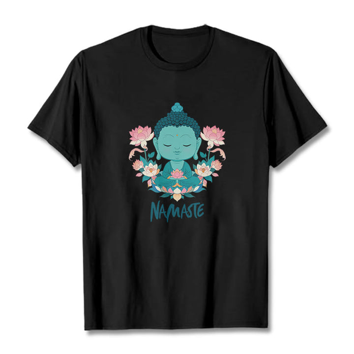 Buddha Stones NAMASTE Buddha Lotus Meditation Tee T-shirt - Black - Green NAMASTE - 2XL - image 5