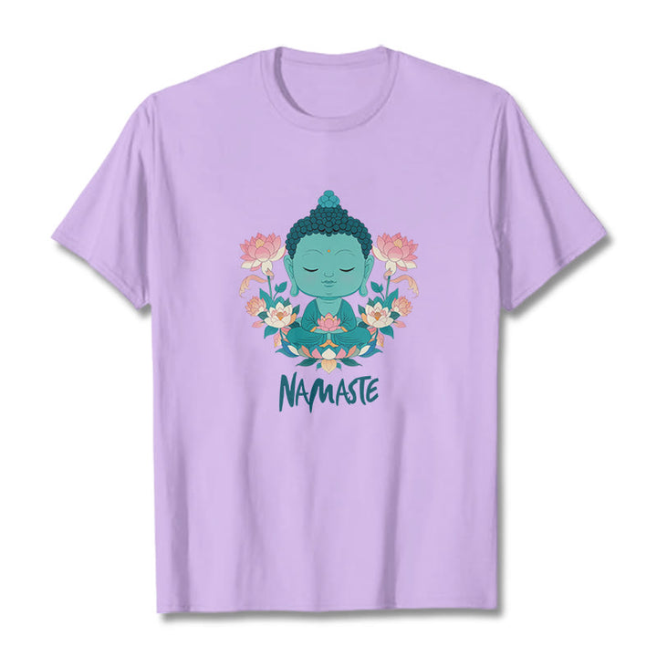 Buddha Stones NAMASTE Buddha Lotus Meditation Tee T-shirt - Plum - Green NAMASTE - 2XL - image 16