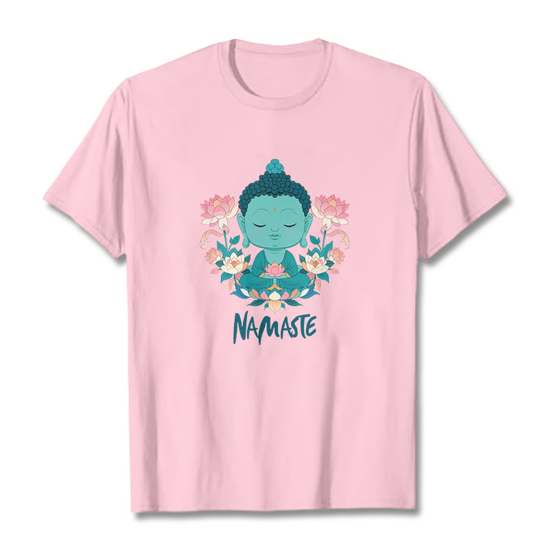 Buddha Stones NAMASTE Buddha Lotus Meditation Tee T-shirt - LightPink - Green NAMASTE - 2XL - image 1