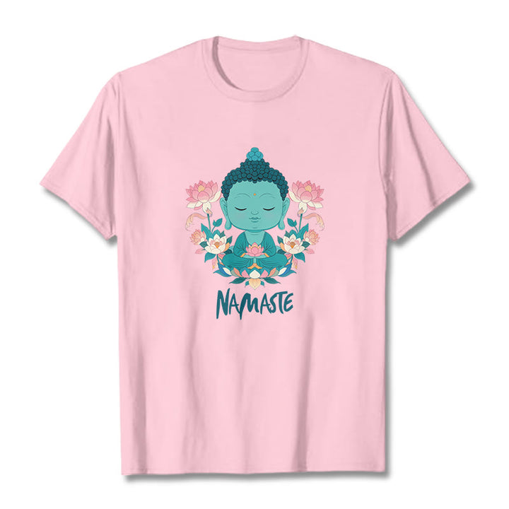 Buddha Stones NAMASTE Buddha Lotus Meditation Tee T-shirt - LightPink - Green NAMASTE - 2XL - image 1