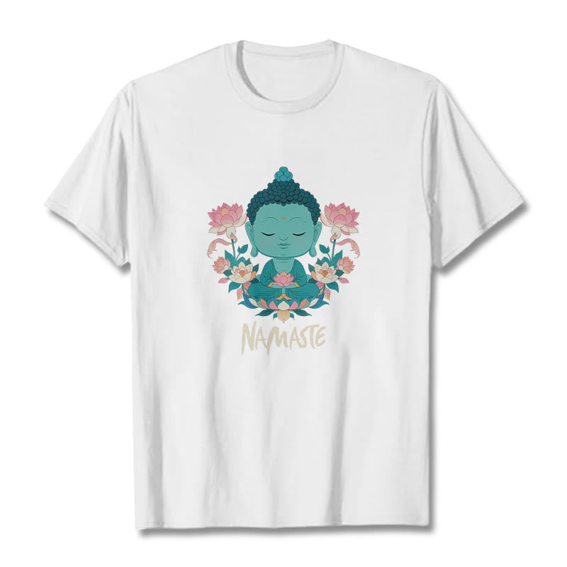 Buddha Stones NAMASTE Buddha Lotus Meditation Tee T-shirt - White - Beige NAMASTE - 2XL - image 22