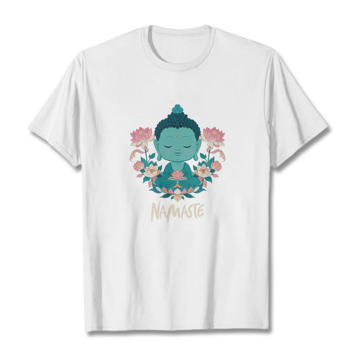 Buddha Stones NAMASTE Buddha Lotus Meditation Tee T-shirt - White - Beige NAMASTE - 2XL - image 22