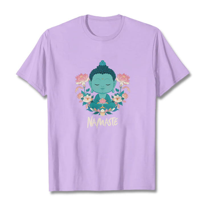 Buddha Stones NAMASTE Buddha Lotus Meditation Tee T-shirt - Plum - Beige NAMASTE - 2XL - image 35