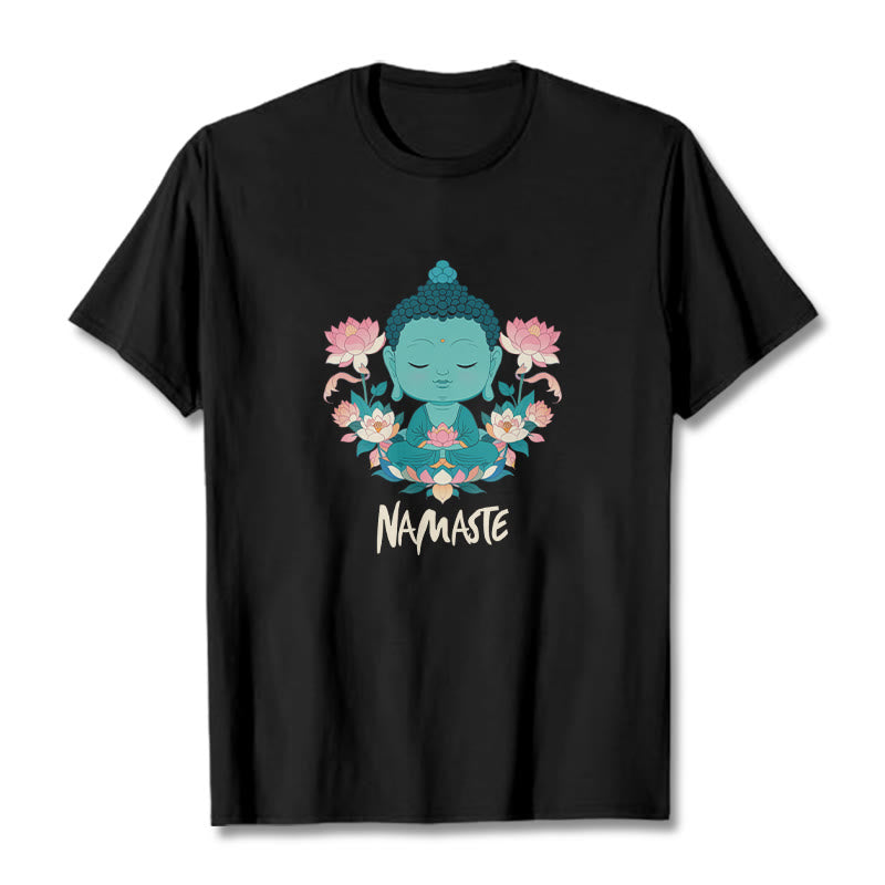 Buddha Stones NAMASTE Buddha Lotus Meditation Tee T-shirt - Black - Beige NAMASTE - 2XL - image 25